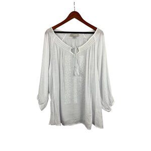 Carolyn Taylor Womens White Textured Boho Top 1X Polyester & Cotton Blend